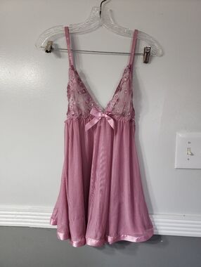 Sheer Lace-Top Pink Babydoll Chemise with Satin Trim